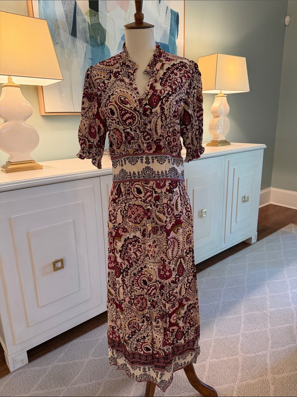 BA&SH Boho Paisley Midi Dress in Burgundy and Cream